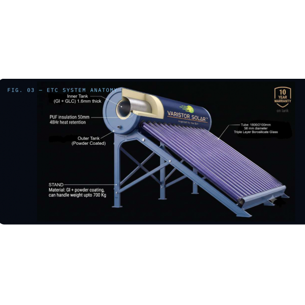 100 LPD ETC GLC Varistor Solar Water Heater: 10 years warranty